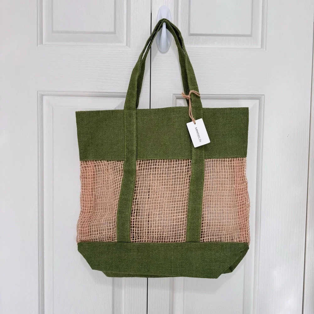 Miniso Large Jute Mesh Beach Tote Green Natural Market Shopper Carryall NWT Boho